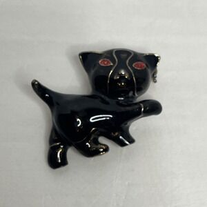 Vintage Black Cat Brooch Pin With Red Eyes And Gold Trim